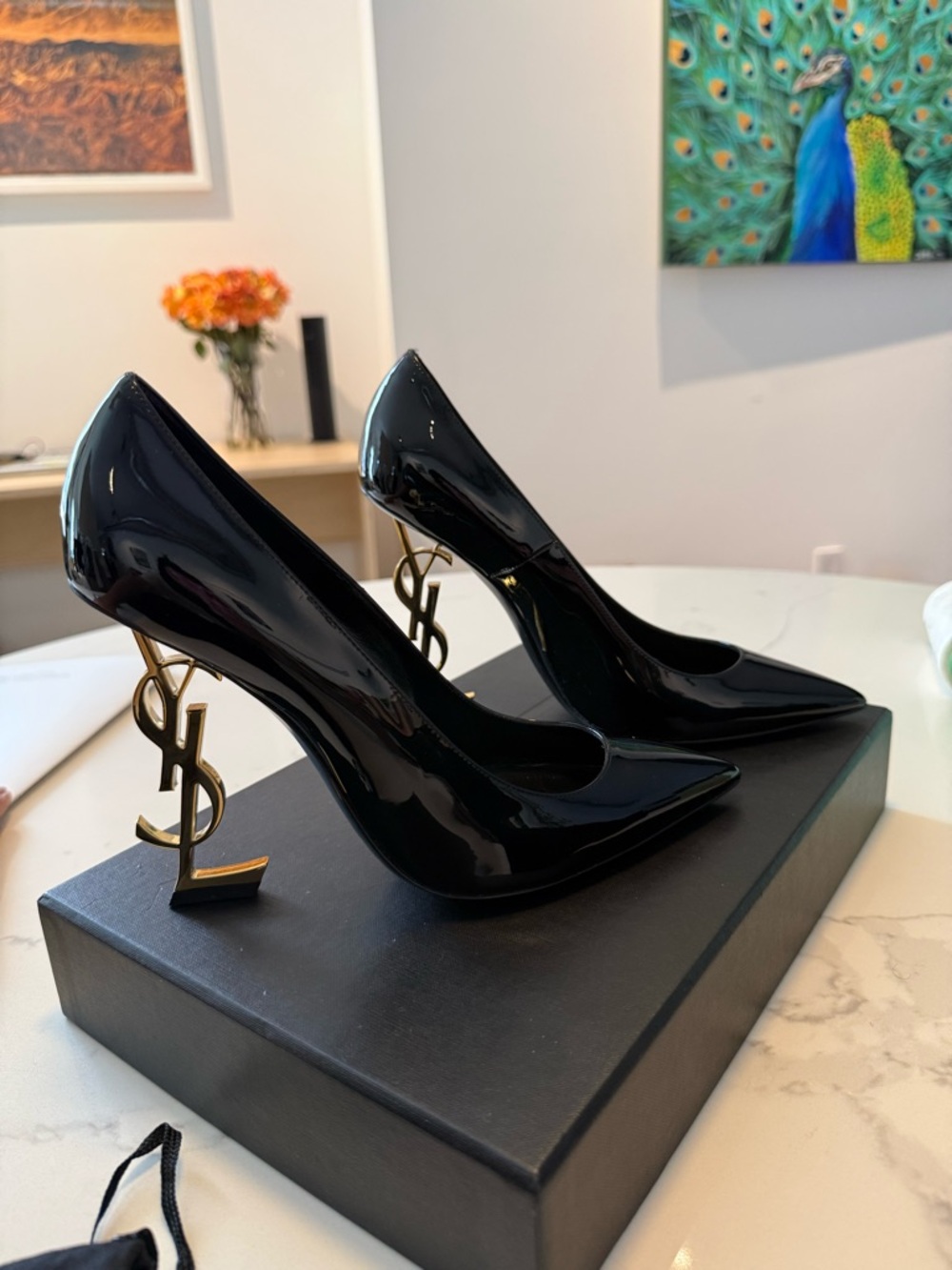 Saint Laurent Black Patent Heels with Gold YSL Logo Stiletto - Opyum 110 Nero
